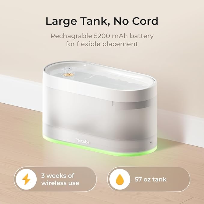 Petcube Pet Water Fountain | Automatic Wireless Water Fountain for Cats and Dogs with Ceramic Bowl, Easy to Clean, 4-Layer Filtration, in-App Filter Control, LED Light, Quiet Pump, Battery Operated