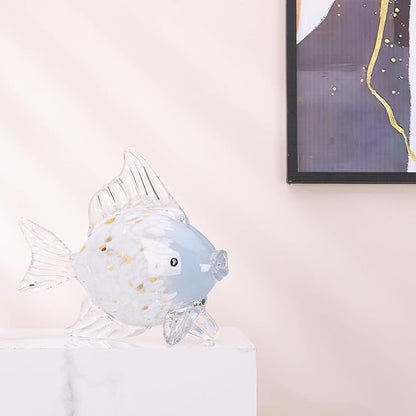 Large Hand Blown Glass Fish Figurines, Aquarium Sea Glass Art, Blue White Fish Statue Sculpture Modern Coastal Accent - for Beach Knick Knacks, Coffee Tables, Nautical Offices Centerpiece