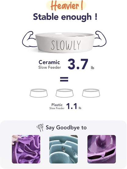 Slow Feeder Dog Bowl, 3 Cups Ceramic Maze Dog Food Bowl for Medium/Large Dogs – Non-Slip White Pet Dish, Cute Puzzle Design to Slow Fast Eaters