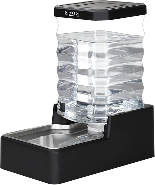 RIZZARI Stainless Steel Dog Dispenser: 7.5L Large Capacity Gravity Waterer - Clear Tank Water Level View -No Mess Keeps Floors Dry- No Power Needed - for Medium Dogs - Kitchen Corner/Crate Area