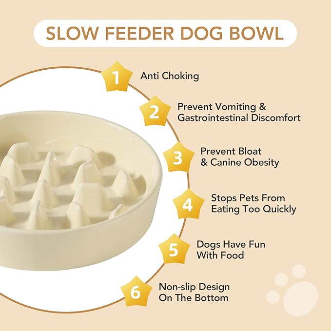 Ceramic 3.2 Cup Dog Raised Slow Feeder Set, Elevated Bowl with Wooden Stand for Large Dog, 9.5inch Slow Feeder Dish for Fast Easters, Anti-Gulping(Beige, Single Bowl+ Stand)