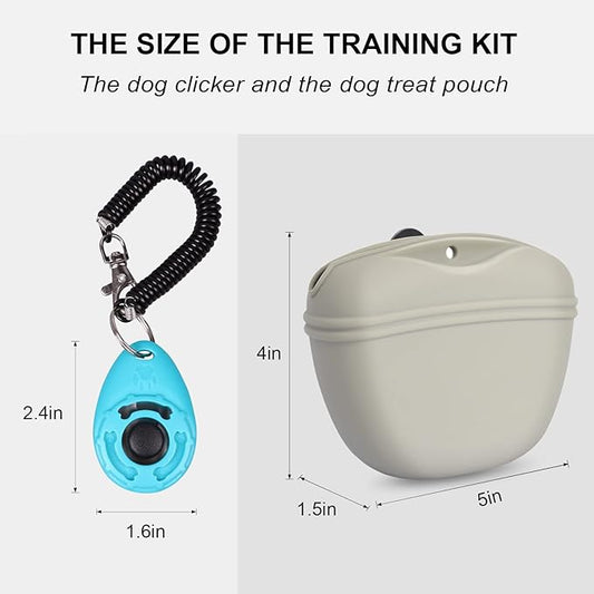 Left&Right Dog Clicker Training Kit,Silicone Dog Training Treat Pouch and Dog Clickers,Dog Treat Bag with Clicker Training for Dogs,Pet Treat Bag with Magnetic Buckle Closing and Waist Clip,Beige