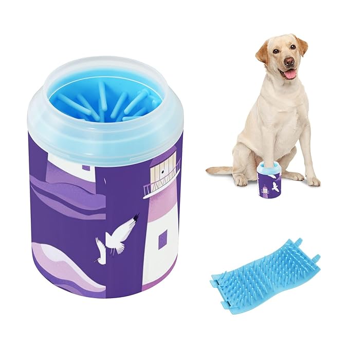 Dog Paw Cleaner Cups for Dogs Pets Foot Washer Paw Scrubber for Medium Small Dogs Cats Cleaning Cup Purple Small Lighthouses Seagulls and Waves