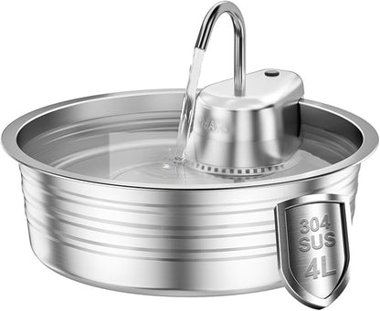 Cat Water Fountain Stainless Steel - 135OZ / 4L Large Capacity Pet Water Fountain for Cats Indoor - Ultra-Quiet Pump for Cats, Dogs Water Bowl Dispenser - Pets Feeding & Watering Supplies