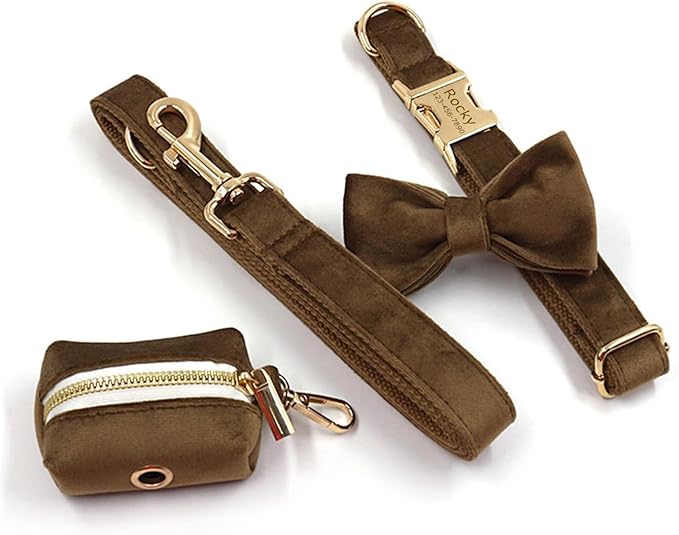 Personalized Velvet Dog Collars with Pet Name Phone Number Engraved, Custom Adjustable Soft Collar with Metal Buckle for Small Medium Large Dogs, Dog Leash and Bow Tie Available -Brown