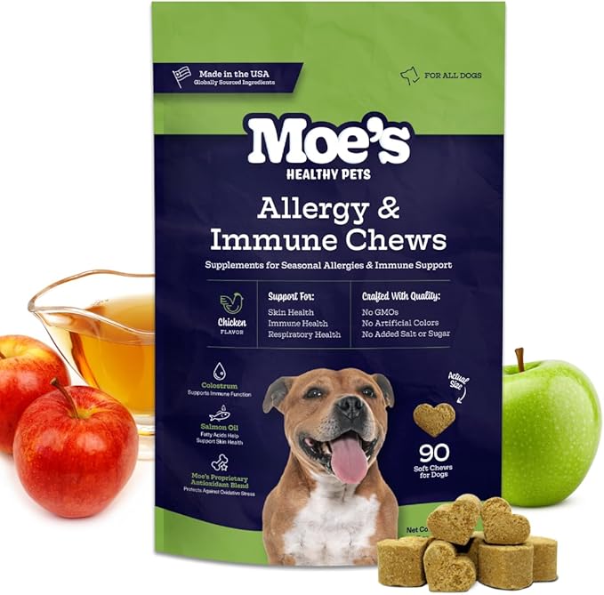Moe’s Allergy and Immune Chews for Dogs – 90ct Soft Dog Allergy Supplement Bites for Itchy Skin, Seasonal Allergies and Skin Health – Vet-Formulated (Savory Chicken)