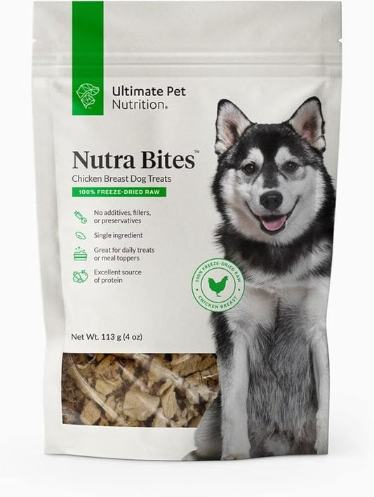 ULTIMATE PET NUTRITION Nutra Bites Freeze Dried Raw Single Ingredient Training Treats Food Topper for Dogs, 4 Ounces, Chicken Breast