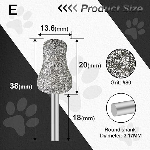 Diamond Dog Nail Grinder Bits - FOCSTOL Diamond Rotory Bit for Dogs&Pets, 2pcs 1/8'' Rotary Nail Grinder Bits for Animals Nail Care (Type E)