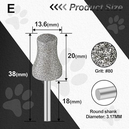 Diamond Dog Nail Grinder Bits - FOCSTOL Diamond Rotory Bit for Dogs&Pets, 2pcs 1/8'' Rotary Nail Grinder Bits for Animals Nail Care (Type E)