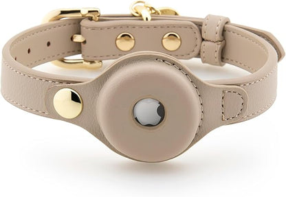 NINA WOOF Cupertino Dog Collars, Harnesses & Leashes Made from Vegan Leather with Dog Tracker Device Holder Adjustable Dog Collar (Small, Beige)
