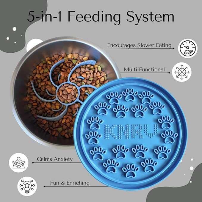 Heavy Duty Stainless Steel Dog Bowl with Premium Accessories – Slow Feeder Insert & Multi-Use Lick Mat Lid | Non-Slip, Durable | Reduce Gulping & Add Enrichment | 64 oz | Medium to XL Dogs (Eli Blue)