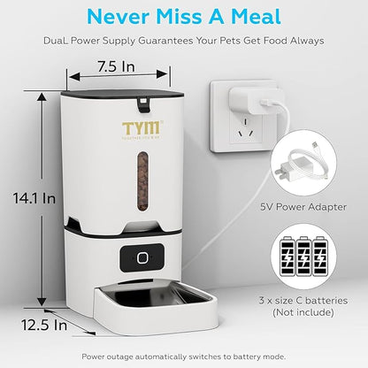 TYM Automatic Cat Feeder, 7L Cat Food Dispenser with 2.4G WiFi, Timed Cats Feeder with APP Control, Auto Pet Food Dispenser for Small Pets, Dogs, Dual Power Supply, Detachable for Easy