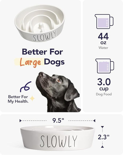Slow Feeder Dog Bowl, 3 Cups Ceramic Maze Dog Food Bowl for Medium/Large Dogs – Non-Slip White Pet Dish, Cute Puzzle Design to Slow Fast Eaters