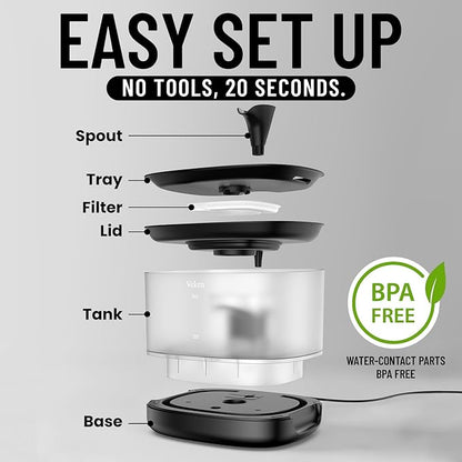 Veken Cat Water Fountain with Detachable Tank, 6 Filters & 6 Sponges, Easy to Clean & Assemble, 84oz/2.5L Pet Drinking Dispenser with Quiet Operation & LED Light for Cats, Dogs and Small Pets, Black