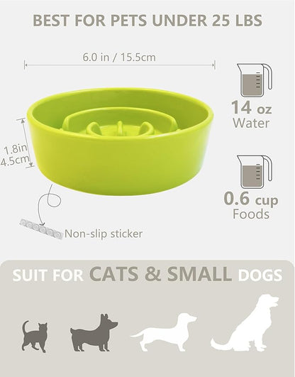 Ceramic Slow Feeder Dog Bowls, 0.6 Cup Slow Feeder for Small Dogs and Cats, Puzzle Maze Bowl, Prevents Choking, 6in, Green