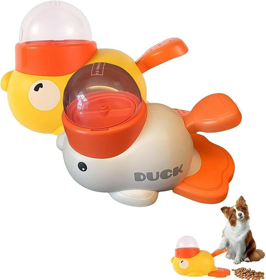 Fuzzibud Duckie Cat Feeder, Fuzzibud Duck Cat Treat Dispenser, Dog Cat Treat Dispenser with Button Duck-Shaped Dog Interactive Slow Feeder for Pet Healthy Eating & Iq Training (White+Yellow)