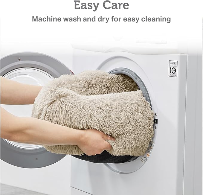 Friends Forever Luna Donut Cat Bed Cave, Soft Faux Fur Hooded Blanket Dog Couch For Indoor Pet, Fluffy Calming Plush Shag, Cozy Round Cushion, Machine Washable Cuddler, Self Warming, Tan, Small (23"x23"x6")