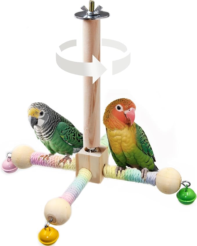 Bird Stand Perch Toy with Bells, Interactive Spinning Parakeet Toys, Wooden Exercise Wheel Parrot Toy, Enrichment Cockatiel Toy for Birds Cage, Bird Cage Accessories Perch Toys for Budgies (S, Bells)