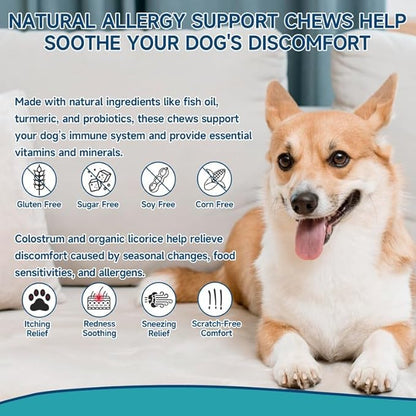 200 Dog Allergy Relief Chews for Dogs Itchy Skin Relief, Anti Itch for Dogs Ears & Paw Relief, Itchy Dog Skin Relief for Seasonal Allergy, Omega 3 Fish Oil, Turmeric & Colostrum Immune Support