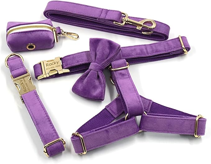 Personalized Velvet Dog Collars with Pet Name Phone Number Engraved, Custom Adjustable Soft Collar with Metal Buckle for Small Medium Large Dogs, Dog Leash and Bow Tie Available -Dark Purple