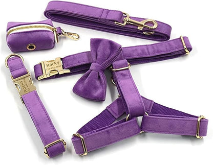 Personalized Velvet Dog Collars with Pet Name Phone Number Engraved, Custom Adjustable Soft Collar with Metal Buckle for Small Medium Large Dogs, Dog Leash and Bow Tie Available -Dark Purple