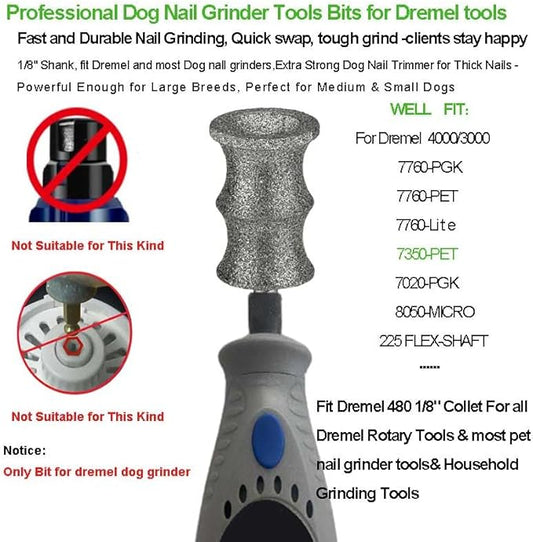 Fit Dremel 7350-Pet & 7760 Dog Nail Grinder Attachment - Diamond Bit Replacement Head for Thick Nail, Refill Tip Grinding Accessories for Large/Medium/Small Pet 5-150 lbs, Smoother/Safer Than Clipper