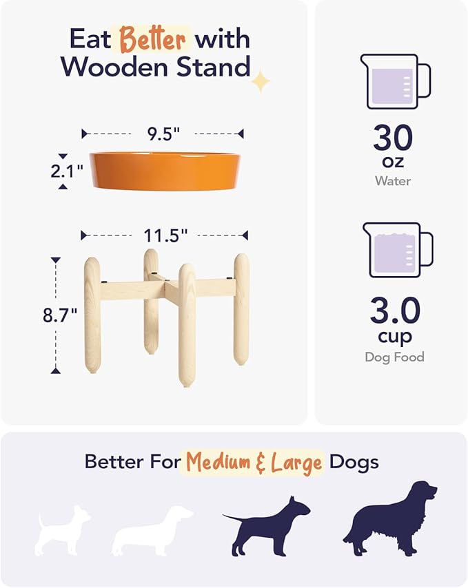 LE TAUCI Ceramic Slow Feeder Puzzle Bowl Elevated 3 Cup with Wooden Stand for Medium Large Dog, Fast Eater Slow Eating Food Bowl, Sun Orange