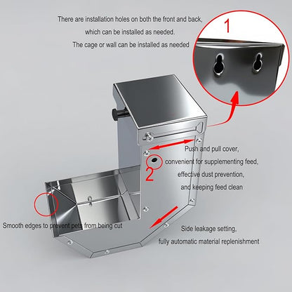 Rabbit Feeder - Small Animal Stainless Steel Gravity Feeding Trough with Lid, Outdoor Durable Cage Feeder Holds Several Days' Food (4 Inch/1.5Lbs)