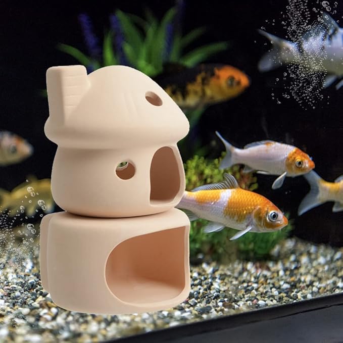 ZYHW Aquarium Decor Ceramic Mushroom House with Cave Set Ornament Fish Tank Landscape Decoration for Small Shrimp for Goldfishes to Rest (Yellow)