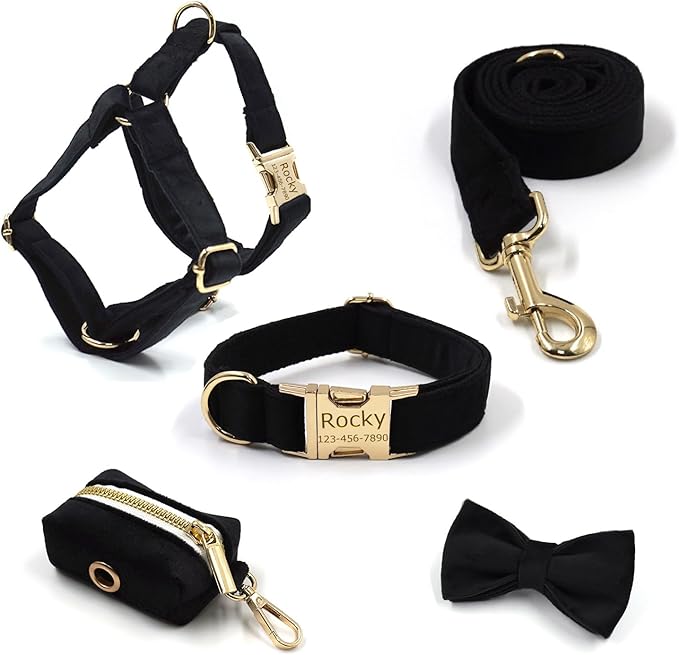 Personalized Velvet Dog Collars with Pet Name Phone Number Engraved, Custom Adjustable Soft Collar with Metal Buckle for Small Medium Large Dogs, Dog Leash and Bow Tie Available -Black