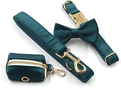 Personalized Velvet Dog Collars with Pet Name Phone Number Engraved, Custom Adjustable Soft Collar with Metal Buckle for Small Medium Large Dogs, Dog Leash and Bow Tie Available -Gem Green