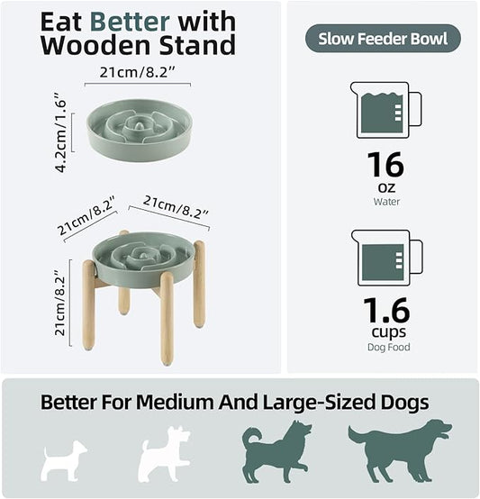 Ceramic 1.6 Cup Raised Slow Feeder Dog Bowl Set, Elevated Wooden Stand for Medium and Large Dog, 8.2inch Puzzle Slow Dish, Anti-Gulping(Light Green, Single Bowl+ Stand)