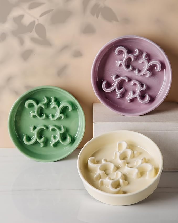 Slow Feeder Dog Bowl, 0.6 Cups Ceramic Dog Food Dish for Fast Eaters Small Breed, Puzzle Bowl for Small Dogs and Cats(Dark Purple)