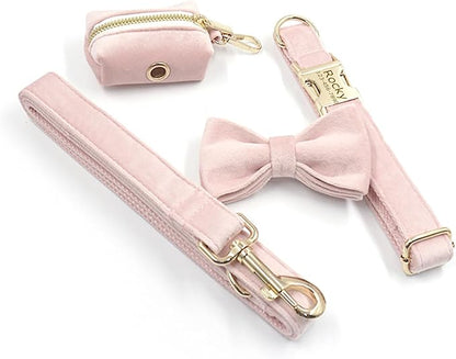 Personalized Velvet Dog Collars with Pet Name Phone Number Engraved, Custom Adjustable Soft Collar with Metal Buckle for Small Medium Large Dogs, Dog Leash and Bow Tie Available -Pink