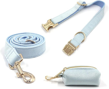 Personalized Velvet Dog Collars with Pet Name Phone Number Engraved, Custom Adjustable Soft Collar with Metal Buckle for Small Medium Large Dogs, Dog Leash and Bow Tie Available -Sky Blue