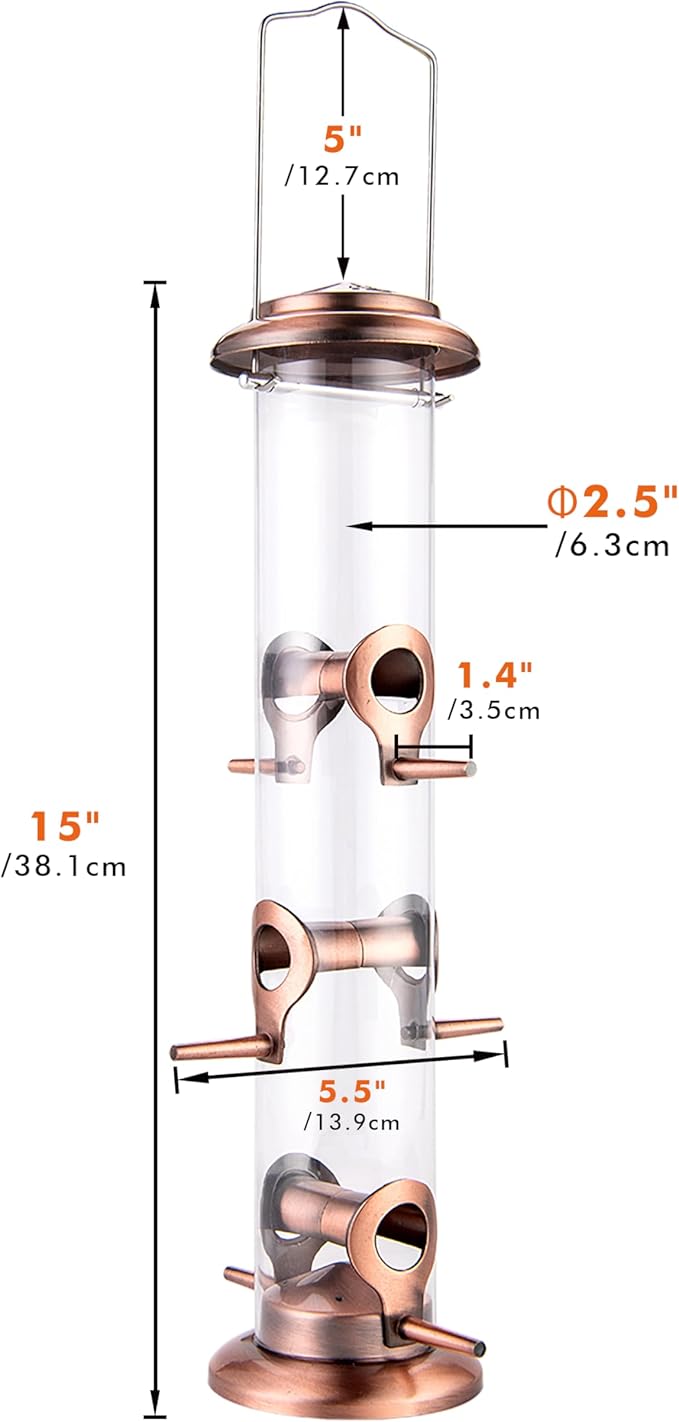 iBorn Metal Bird Feeders Brushed Copper Wild Bird Feeder for Outdoors Hanging All Metal Brushed Copper Finishing 15 Inch 6 Port,Pack of 2
