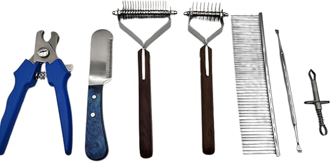 Pet Grooming Kit – Dog Grooming Tools Set with Dematting Rake, Stainless Steel Comb, Stripping Knife, Nail Clipper, Tick Remover & Dental Scaler (Blue, 7 Piece)