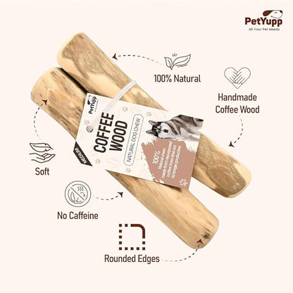 Natural Coffee Wood Dog Chew Medium, 2 Count - Promotes Dental Health, Reduces Tartar & Chewing Exercise for Aggressive Chewers, Small, Medium & Large Dogs - Safe Chew Toy for Puppy
