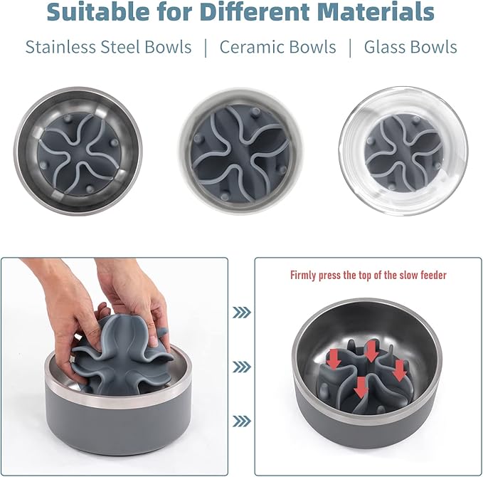 Jaoul Slow Feeder Dog Bowls Insert, Puzzle Slow Feeder Insert with 30 Octopus Suction Cups for Small Medium Large Size Dog Food Bowl (4.72 inch, Grey)