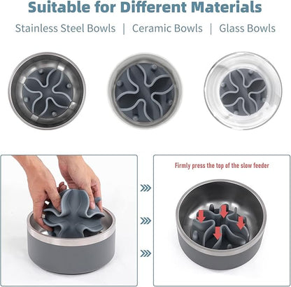 Jaoul Slow Feeder Dog Bowls Insert, Puzzle Slow Feeder Insert with 51 Octopus Suction Cups for Medium Large Size Dog Food Bowl Over 6.5" Wide (Grey)