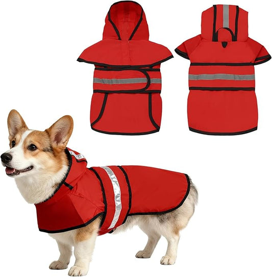 Dog Raincoat, Dog Rain Jacket Waterproof Jacket Reflective Adjustable Hooded Pet Rain Coat with Leash Hole, (Red, M), Intended for Large Medium Small Puppies