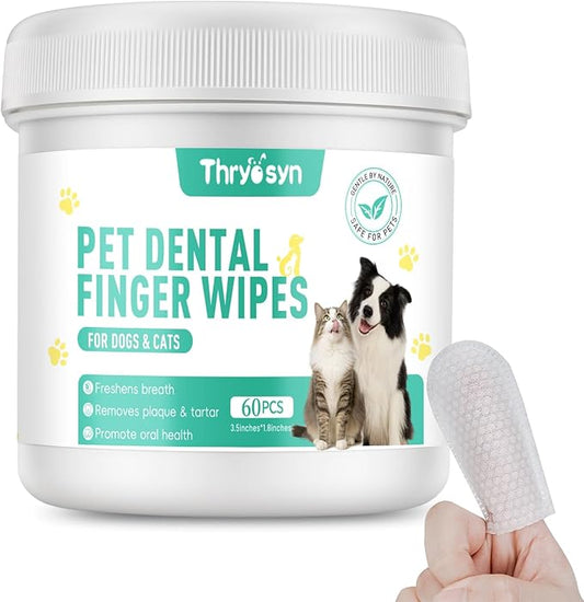 Cat & Dog Teeth Cleaning Wipes, No-Rinse Dental Finger Wipes for Dogs & Cats - Gentle Plaque, Tartar, Stains, Bad Breath, Effective Teeth Cleaner for Dogs & Cats - 60 Count