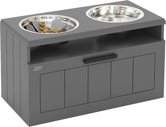PawHut Elevated Dog Bowls, Raised Dogs Bowl Stand with 2 Stainless Steel Bowls, Storage Drawer and Slow Feeder Mat, Dog Feeding Station for Large and Extra Large Dogs, Gray