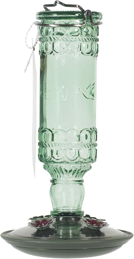 Perky-Pet Glass Bottle Hummingbird Feeder - Outdoor Garden Décor Humming bird Feeder, 8108-1SR - 10 Fl Oz Nectar Capacity - Durable Green Antique Design - Hang from Tree, Porch, Deck, Hook