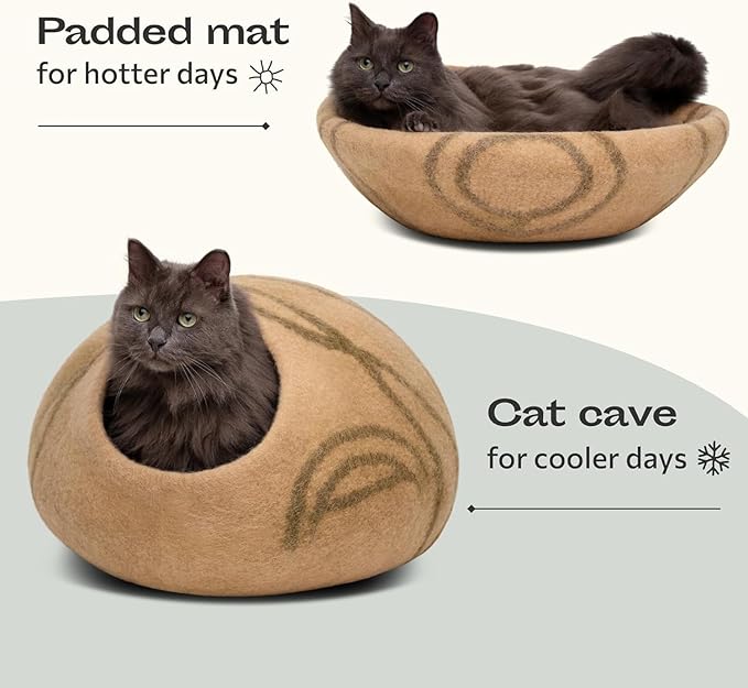 MEOWFIA Cat Cave – Premium Felt Cat Bed for Indoor Cats, Handmade 100% Merino Wool, Cat (Beige, Large)