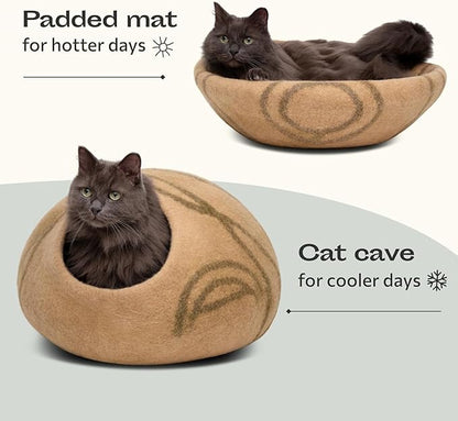 MEOWFIA Cat Cave – Premium Felt Cat Bed for Indoor Cats, Handmade 100% Merino Wool, Cat (Beige, Large)