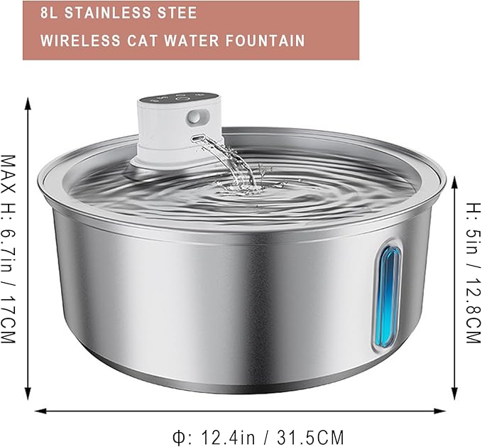 Wireless Cat Water Fountain Stainless Steel, Battery Operated, Cordless Pet Water Fountain for Cats & Dogs with Motion Sensor, Ultra Quiet Pump, 12 Filters (SS, 8L)
