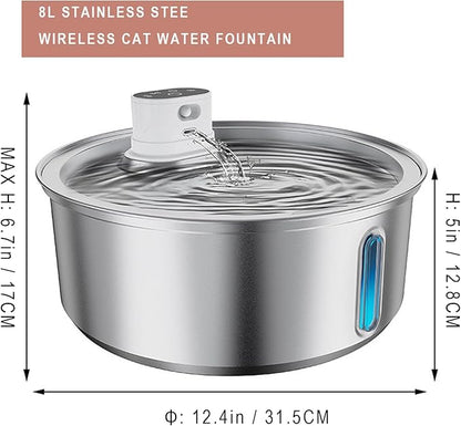 Wireless Cat Water Fountain Stainless Steel, Battery Operated, Cordless Pet Water Fountain for Cats & Dogs with Motion Sensor, Ultra Quiet Pump, 12 Filters (SS, 8L)