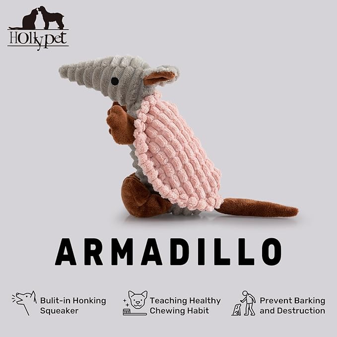 Hollypet Plush Dog Squeaky Toy Stuffed Armadillo Animal Pet Puppy Chew Toys with Clean Teeth for Small Medium Large All Breed Sizes Dogs, Light Pink, 8 in