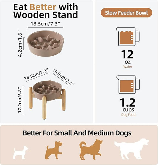 Ceramic 1.2 Cup Dog Raised Slow Feeder Set, Elevated Bowl with Wooden Stand for Medium and Small Dog, 7.3inch Slow Feeder Dish for Fast Easters(Brown Coffee, Single Bowl+ Stand)